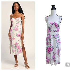Lulus Darling Diva Ivory Floral Print Tie-Strap Bustier Midi Dress Size M